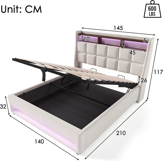 KOMHTOM Bed Tweepersoonsbed 140x200 cm Chest bed met USB Single LED bed met metalen lattenbodem Beige