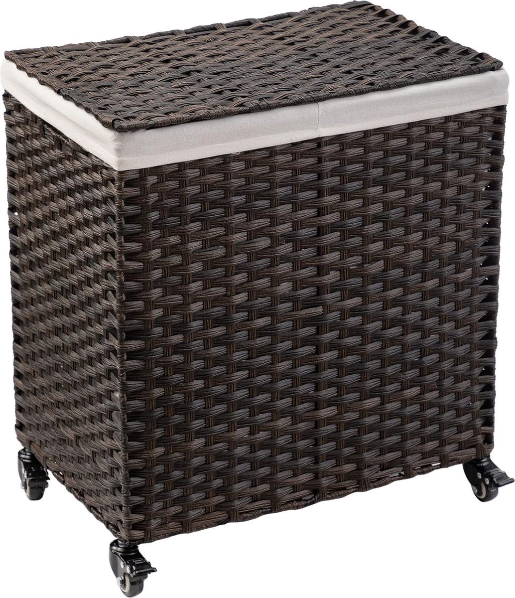 Goedkoopste Wasmand van Rotan met Deksel - Grote Capaciteit van 100L, Verwijderbare Voeringzakken, Opvouwbaar, Met Wielen, Stevig Stalen Frame, Waterdicht & Ademend, Ideaal voor Badkamer, Slaapkamer of Wasruimte 60cm x 33cm x 58cm