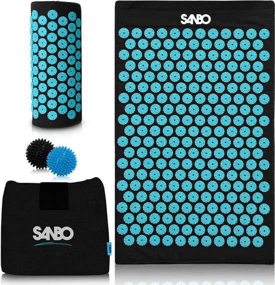 Foto: Sanbo acupressuur mat met kussen zwart blauw 82x42x2cm spijkermat incl app 2x triggerpoint bal draagtas shakti mat