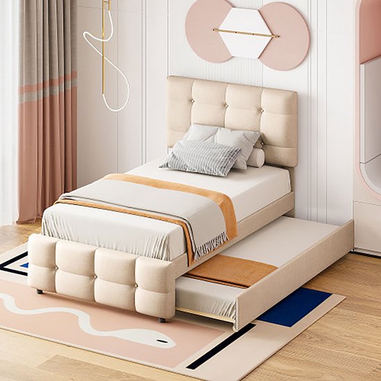 Kinderbed 90x200cm Met Lattenbodem - In Hoogte Verstelbaar Hoofdeinde En 3 Lades Linnen Beige Zonder Matras Kinderbed 90x200cm Met Lattenbodem - In Hoogte Verstelbaar Hoofdeinde En 3 Lades Linnen Beige Zonder Matras