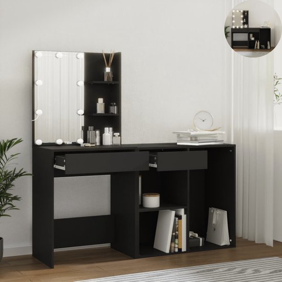 LBB Coiffeuse avec miroir et éclairage - Table de maquillage - Maquillage - Coiffeuse - Avec tiroirs - Coiffeuses - Avec placard - Zwart