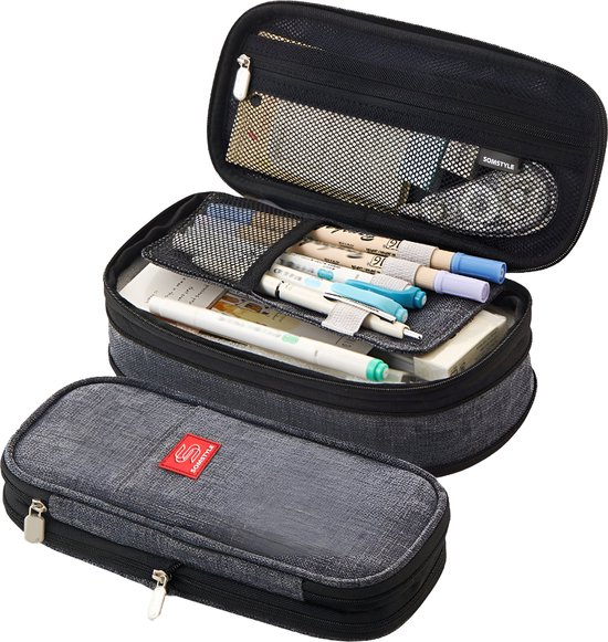 Somstyle Luxe Pennen Etui - Pennenzak Voor Kinderen en Volwassenen - Schooletui voor Jongens en Meisjes - Grote Capaciteit - Grijs