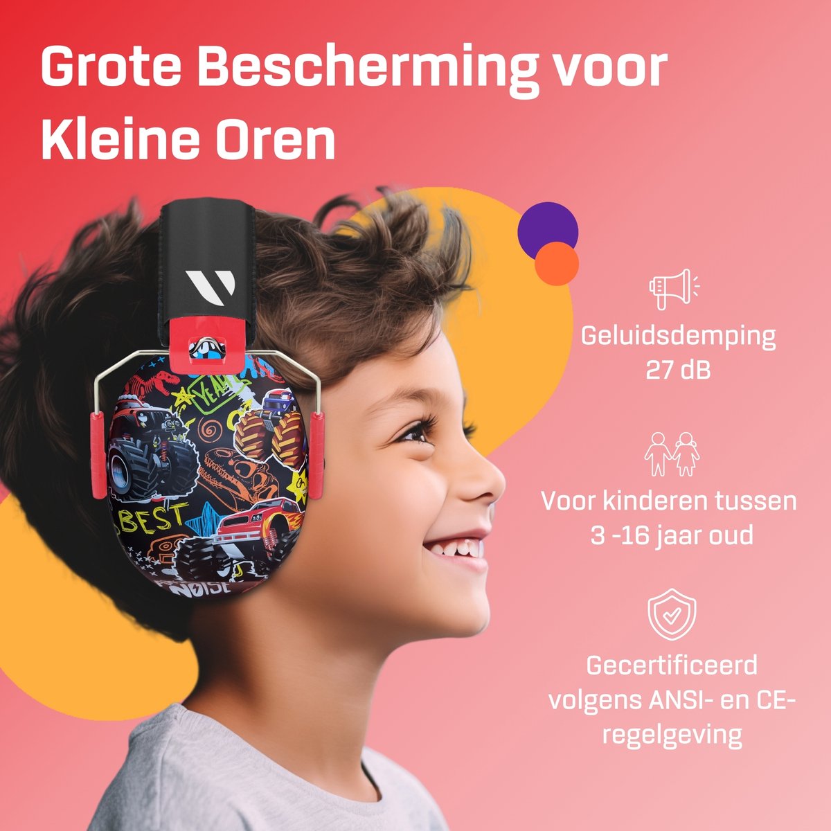 Gehoorbescherming Kind - Gehoorbeschermers Oorkappen Kinderen - 27dB - 3-16 jaar - Monstertruck - V-Zilla – foto 2