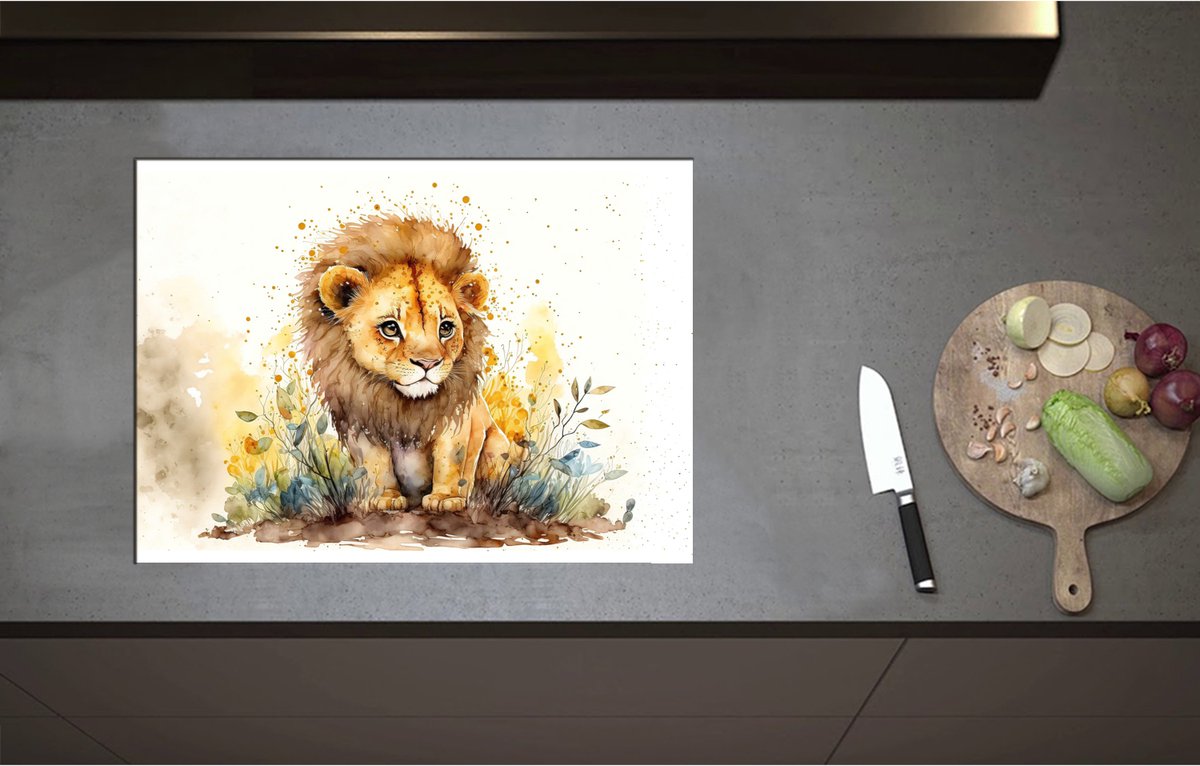 Inductieplaat Beschermer - Cartoon Tekening van Leeuwtje tussen de Planten - 70x51 cm - 2 mm Dik - Inductie Beschermer - Bescherming Inductiekookplaat - Kookplaat Beschermer van Zwart Vinyl