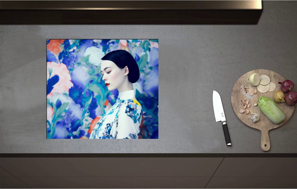 Inductieplaat Beschermer - Charmante Vrouw in Bloemenjurk tegen Muur met Bloemen Patroon - 57x51 cm - 2 mm Dik - Inductie Beschermer - Bescherming Inductiekookplaat - Kookplaat Beschermer van Wit Vinyl