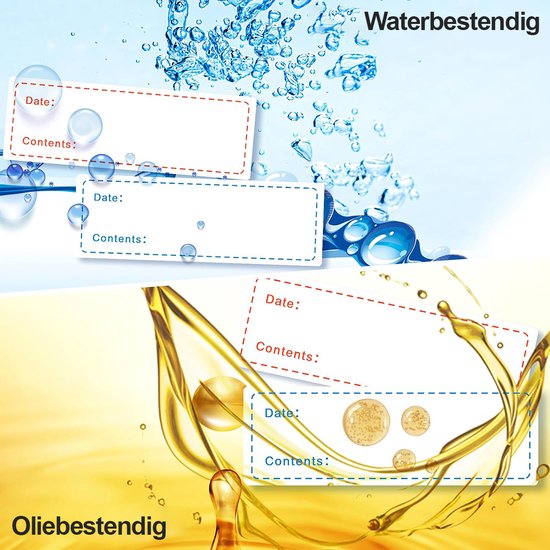Labels voor etenswaren in een water- en oliebestendige vergelijking, met tekst 'Waterbestendig' en 'Oliebestendig'.