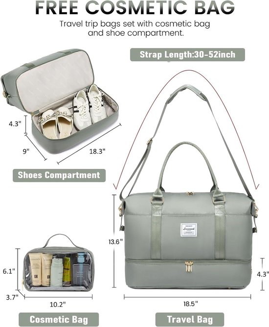 Reistas voor dames met schoenenvak - weekendtas voor vliegtuig - grote handbagage tas - reistas duffle bag met Boven- en onderste schoenvakken van Ballicamp. — afbeelding 2