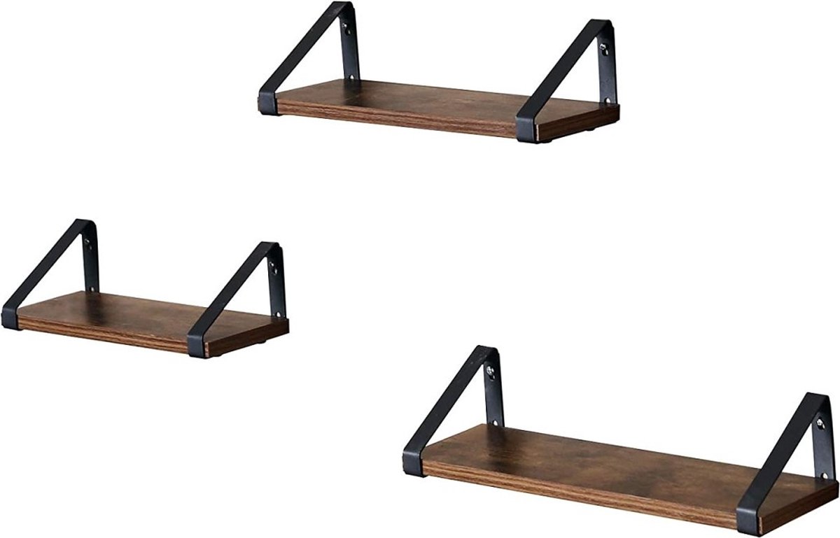 Wandplank - set van 3 - rustiek bruin - metaal en spaanplaat