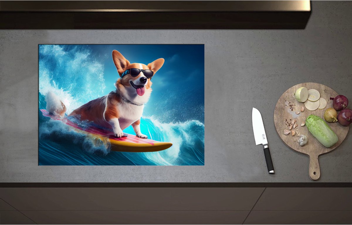 Inductieplaat Beschermer - Bruin met Witte Corgi Puppy Surfend over de Golven - 71x52 cm - 2 mm Dik - Inductie Beschermer - Bescherming Inductiekookplaat - Kookplaat Beschermer van Zwart Vinyl
