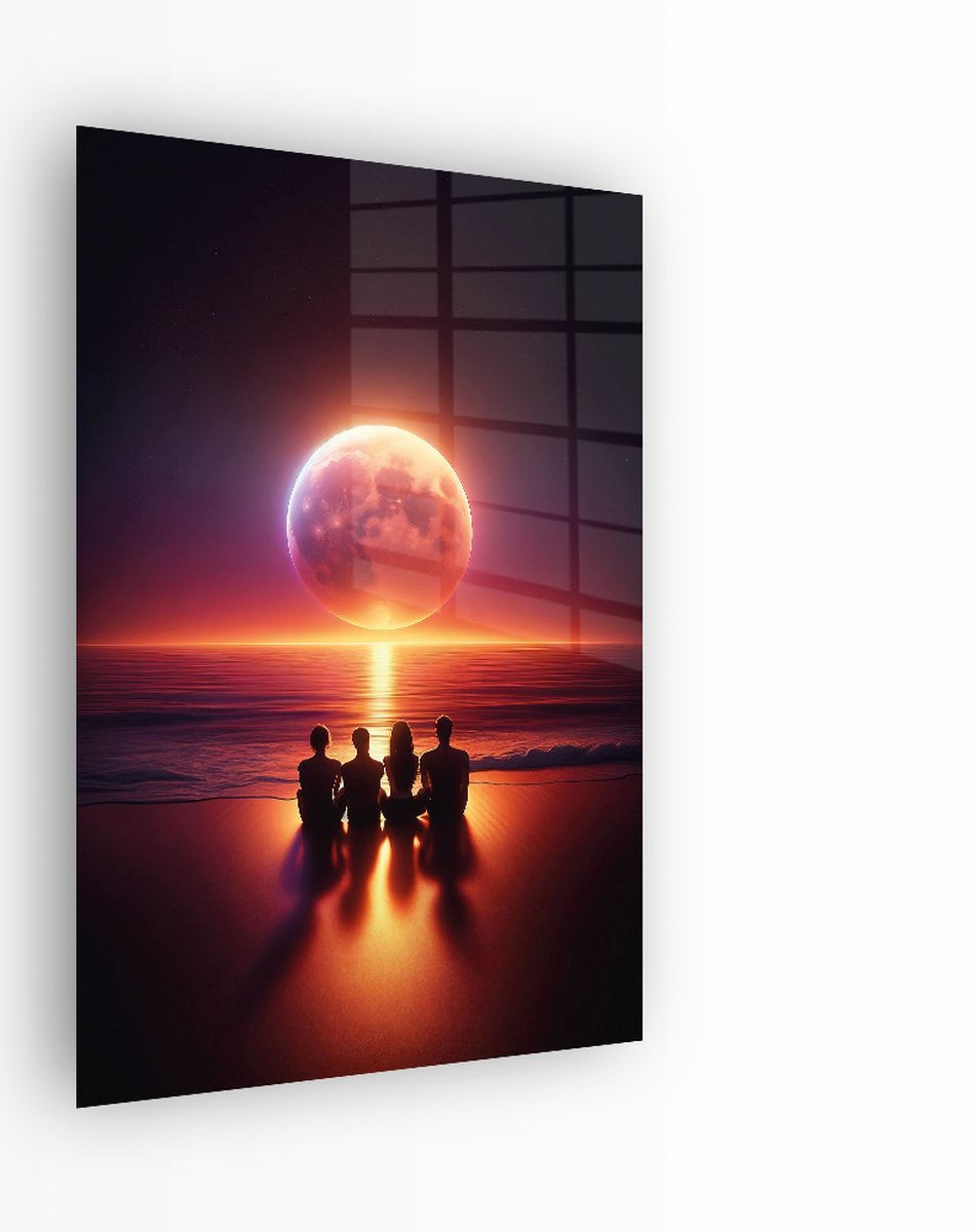 Indoorart Glasschilderij Moonset at sea 80x120 CM - Afbeelding op plexiglas - Inclusief montagemateriaal zwart, roze, oranje, blauw, paars, geel