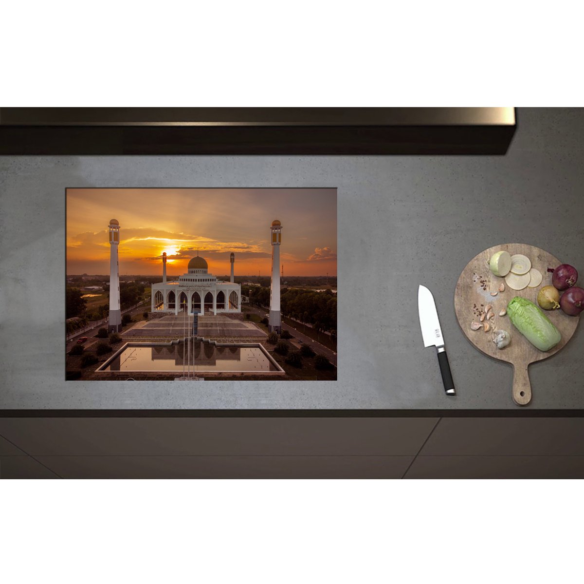 Inductieplaat Beschermer - Central Mosque of Songkhla Province in Thailand tijdens Zonsondergang - 70x50 cm - 2 mm Dik - Inductie Beschermer - Bescherming Inductiekookplaat - Kookplaat Beschermer van Zwart Vinyl