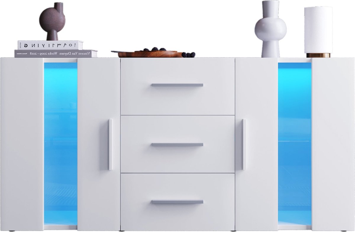 Merax Kast met 16 Kleuren LED Verlichting - Moderne Dressoir met Lades en Deuren - Sideboard TV-meubel - Wit