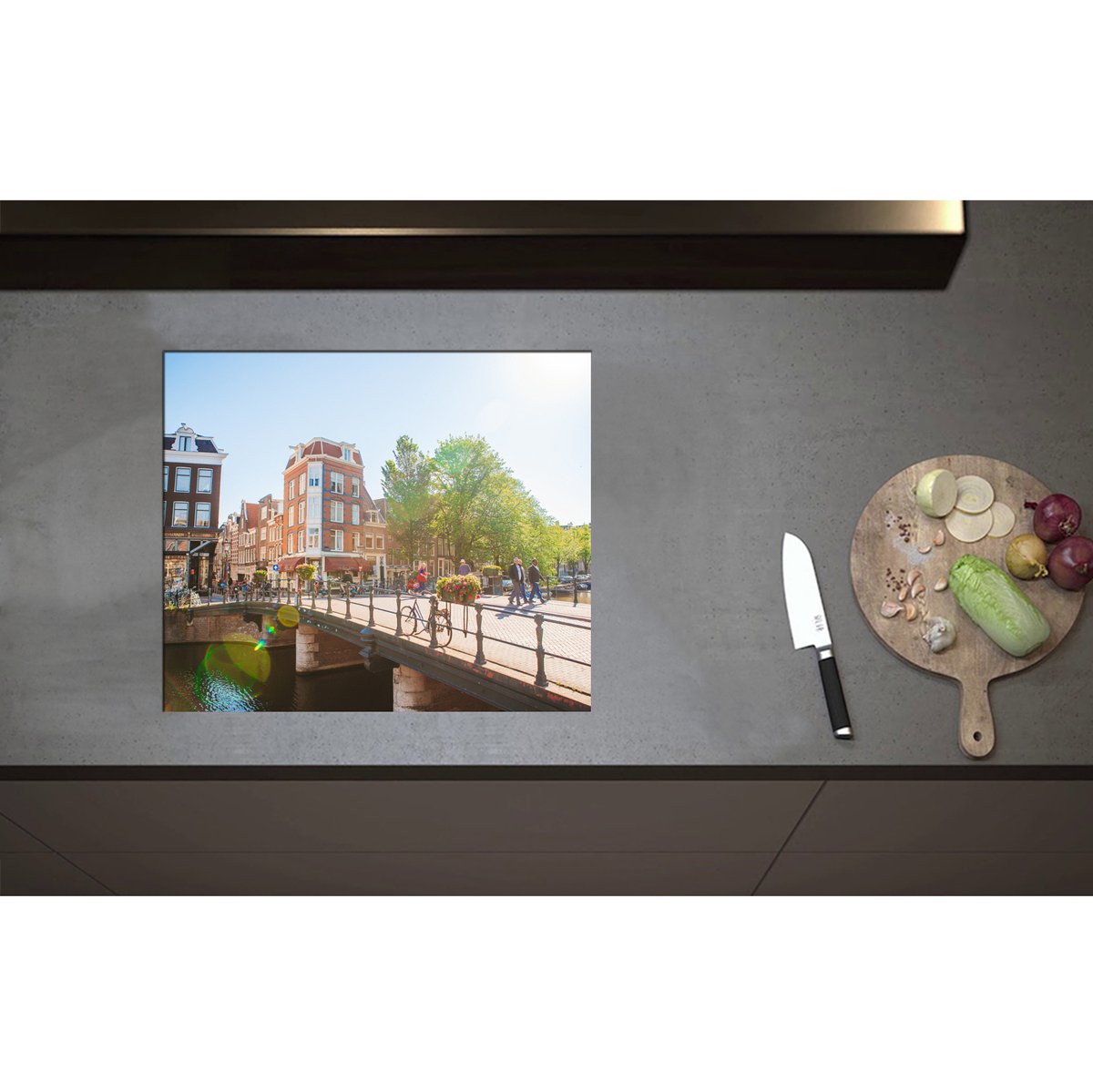 Inductieplaat Beschermer - Bruggen in de Nederlandse Hoofdstad, Amsterdam - 59x50 cm - 2 mm Dik - Inductie Beschermer - Bescherming Inductiekookplaat - Kookplaat Beschermer van Wit Vinyl
