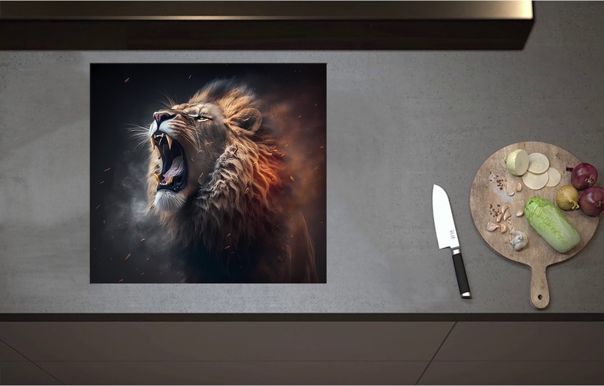 Inductieplaat Beschermer - Brullende Mannetjes Leeuw met Scherpe Tanden - 59x55 cm - 2 mm Dik - Inductie Beschermer - Bescherming Inductiekookplaat - Kookplaat Beschermer van Wit Vinyl