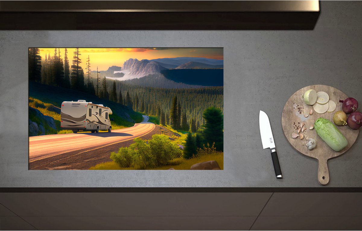 Inductieplaat Beschermer - Camper door de Bergen op Weg naar Bestemming - 80x51 cm - 2 mm Dik - Inductie Beschermer - Bescherming Inductiekookplaat - Kookplaat Beschermer van Wit Vinyl