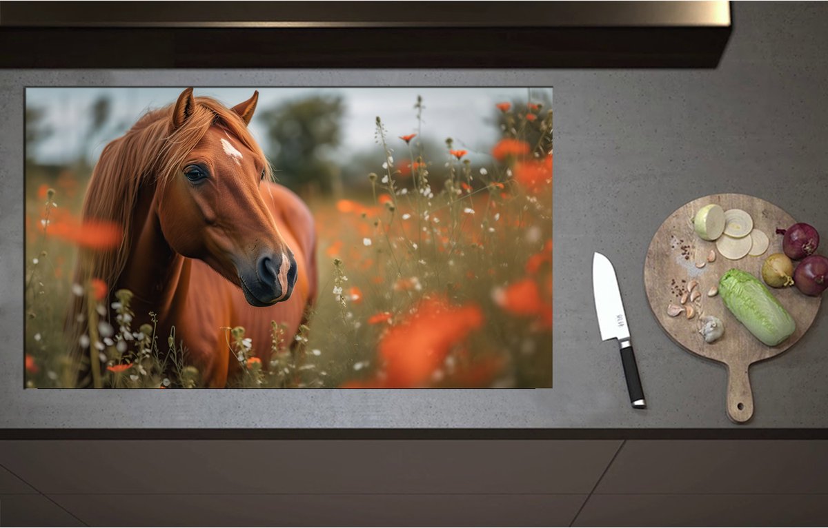 Inductieplaat Beschermer - Bruin paard staat in weiland met rode klaprozen - 95x55 cm - 2 mm Dik - Inductie Beschermer - Bescherming Inductiekookplaat - Kookplaat Beschermer van Zwart Vinyl