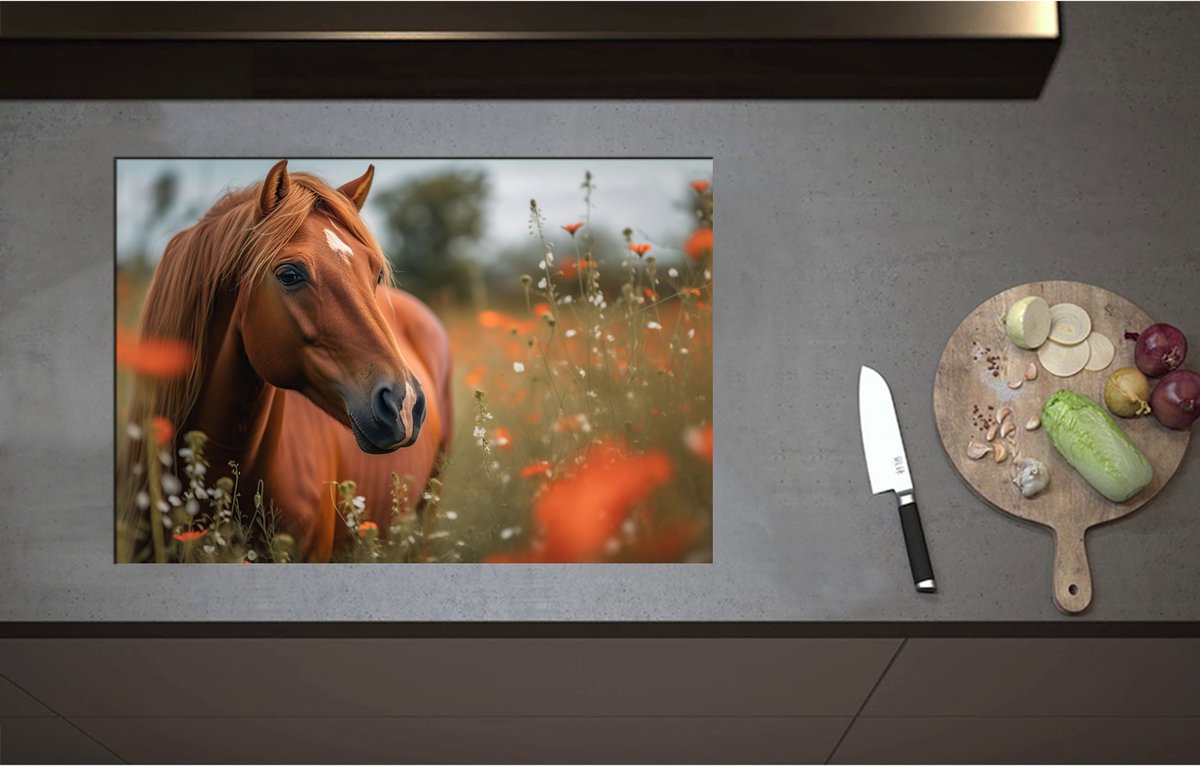 Inductieplaat Beschermer - Bruin paard staat in weiland met rode klaprozen - 75x51 cm - 2 mm Dik - Inductie Beschermer - Bescherming Inductiekookplaat - Kookplaat Beschermer van Wit Vinyl