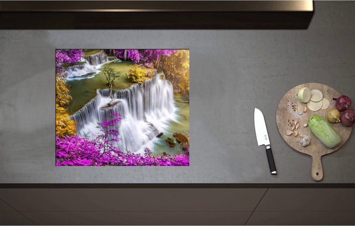 Inductieplaat Beschermer - Bovenaanzicht van Hoge Watervallen omringd door Paars - 57x50 cm - 2 mm Dik - Inductie Beschermer - Bescherming Inductiekookplaat - Kookplaat Beschermer van Wit Vinyl