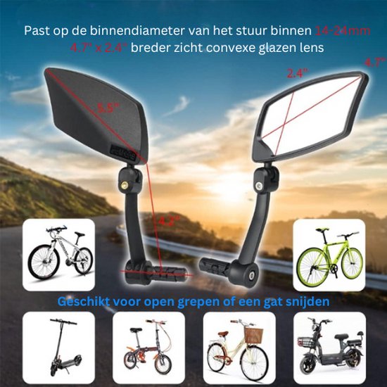 Rétroviseur De Vélo Universel Réglable à 360° - Montage Par Sangle Sur Le Guidon - Miroir Convexe, Léger - Pour Sécurité Accrue