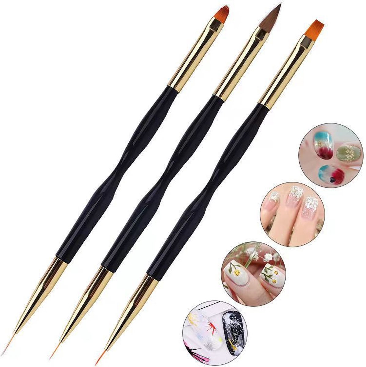 Somstyle Nail Art Penselen Set 3 Stuks Nagel Art Pennen Kwast voor Kunstnagels Zwart Goudkleurig