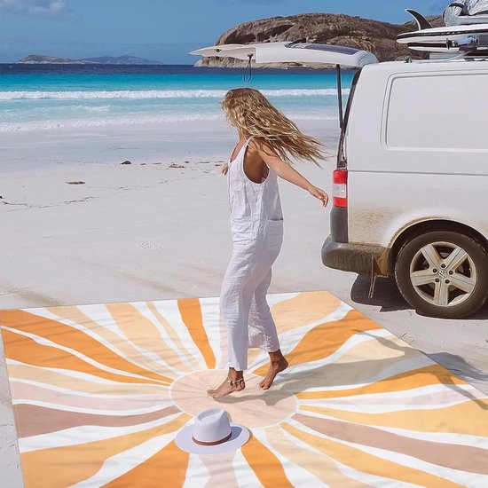 Couverture de plage sans sable 280 x 300 cm, imperméable, couverture de pique-nique pour 4 à 8 personnes, légère et portable, tapis de plage avec 4 piquets et 4 poches d'angle, couverture outdoor pour la randonnée, les voyages, le camping, le soleil.