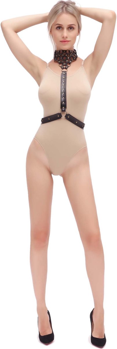 Fixxx - Harnasje met collar - PU-Leder - Verstelbaar - One Size - Zwart