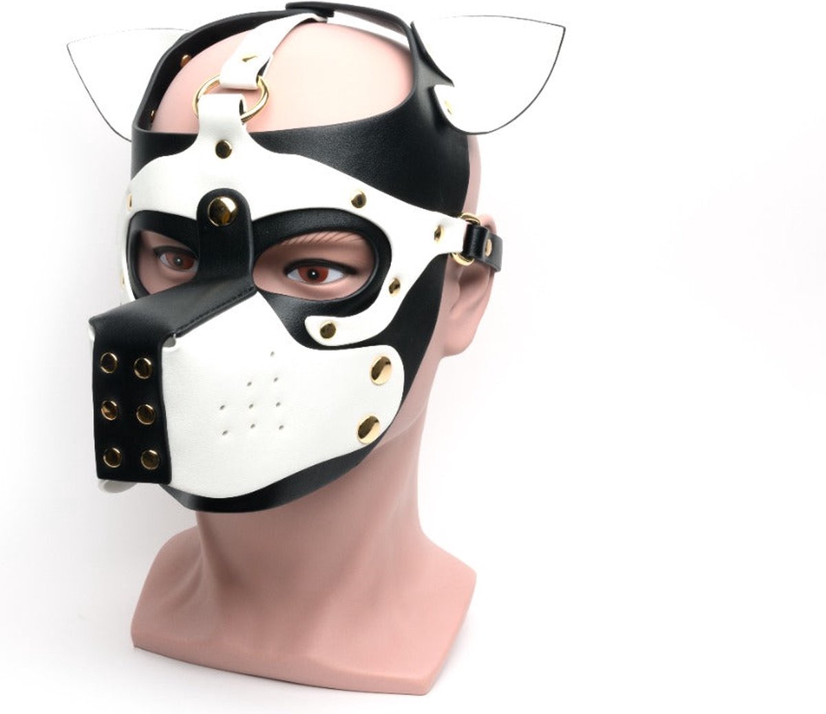 Goedkoopste 665 - Bondage Pup Hood Black White - Zwart Witte Puppy Play Hood - PU Leer - One Size