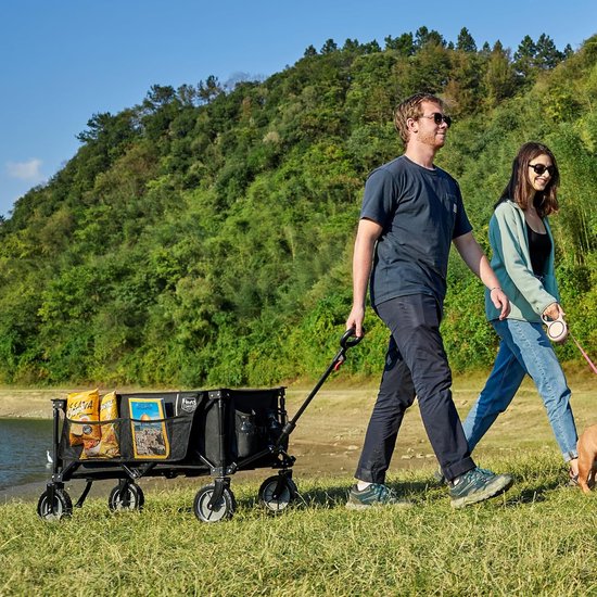 Bolderkar, opvouwbaar, strandtransportwagen met zijvak, bekerhouder, verstelbare handgreep, tuinwagen, strandwagen voor alle terreinen, buiten, camping, winkelen, 100 kg belastbaarheid van Merkloos	 — afbeelding 2