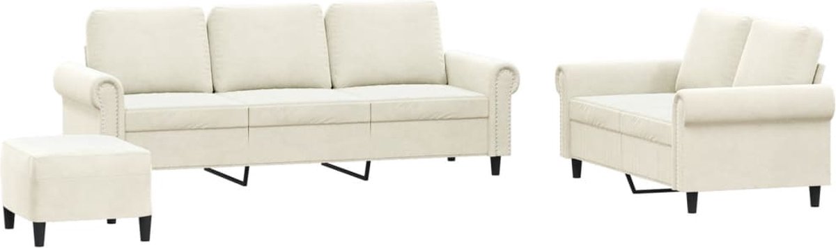 vidaXL - 3-delige - Loungeset - met - kussens - fluweel - crèmekleurig