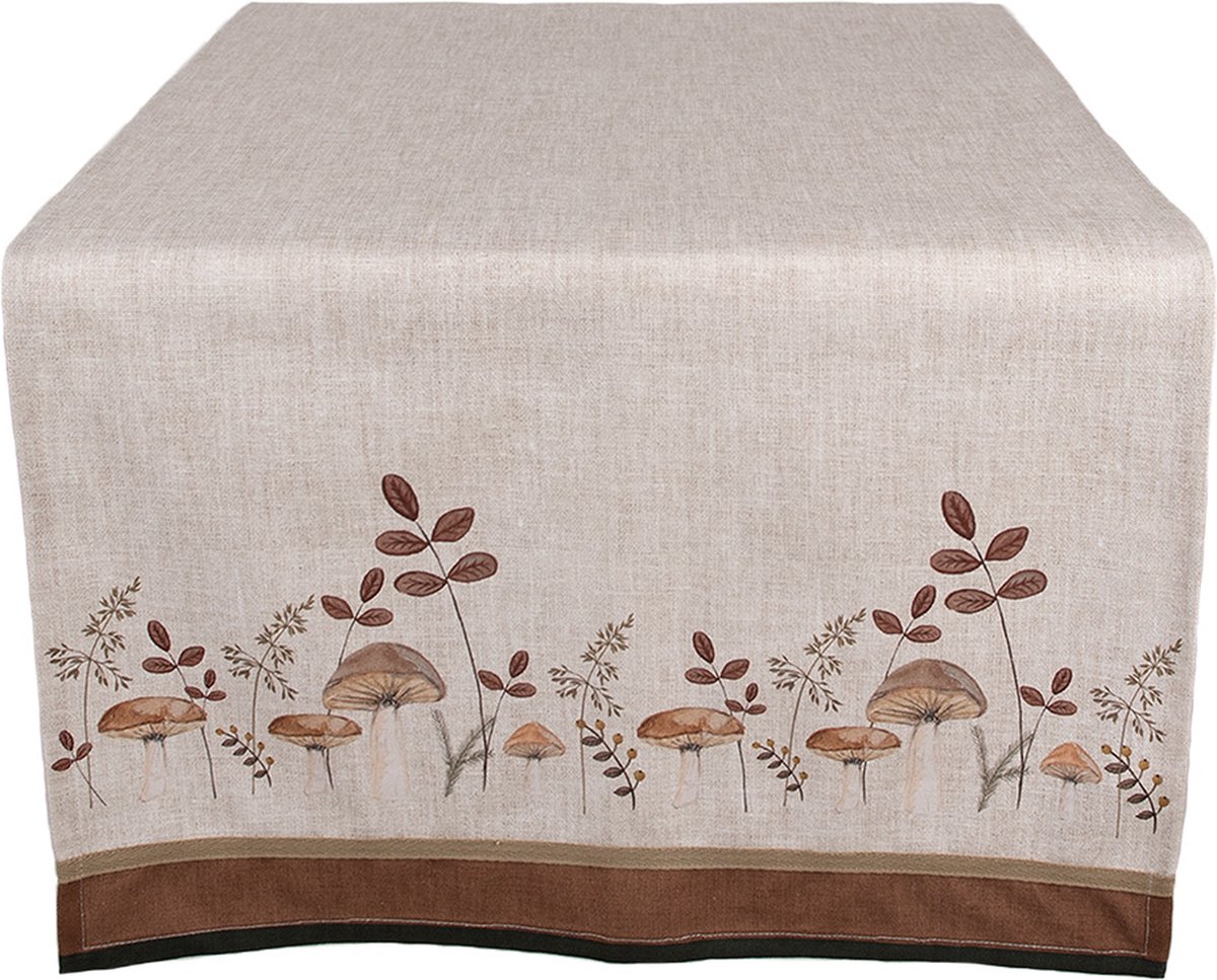 Clayre & Eef Tafelloper Overig 50x140 cm Beige Katoen Paddenstoelen Herfst decoratie