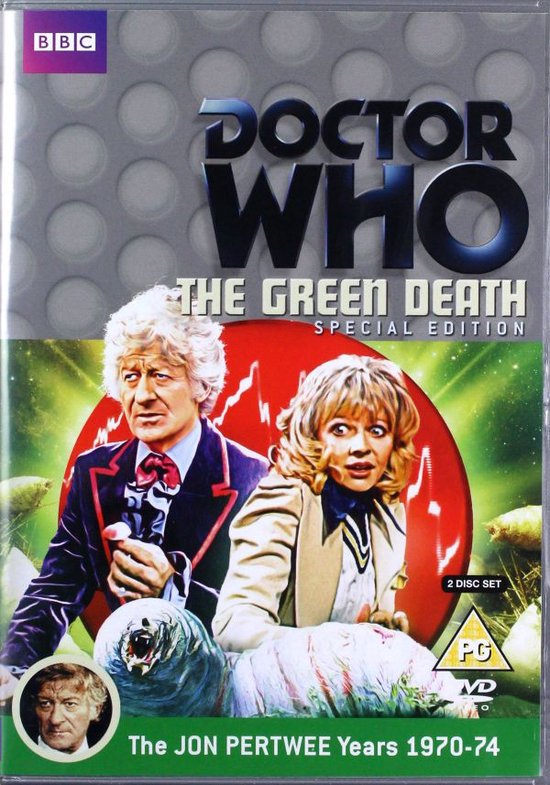 Voorzijde van de Doctor Who The Green Death Special Edition DVD met Jon Pertwee en Katy Manning.