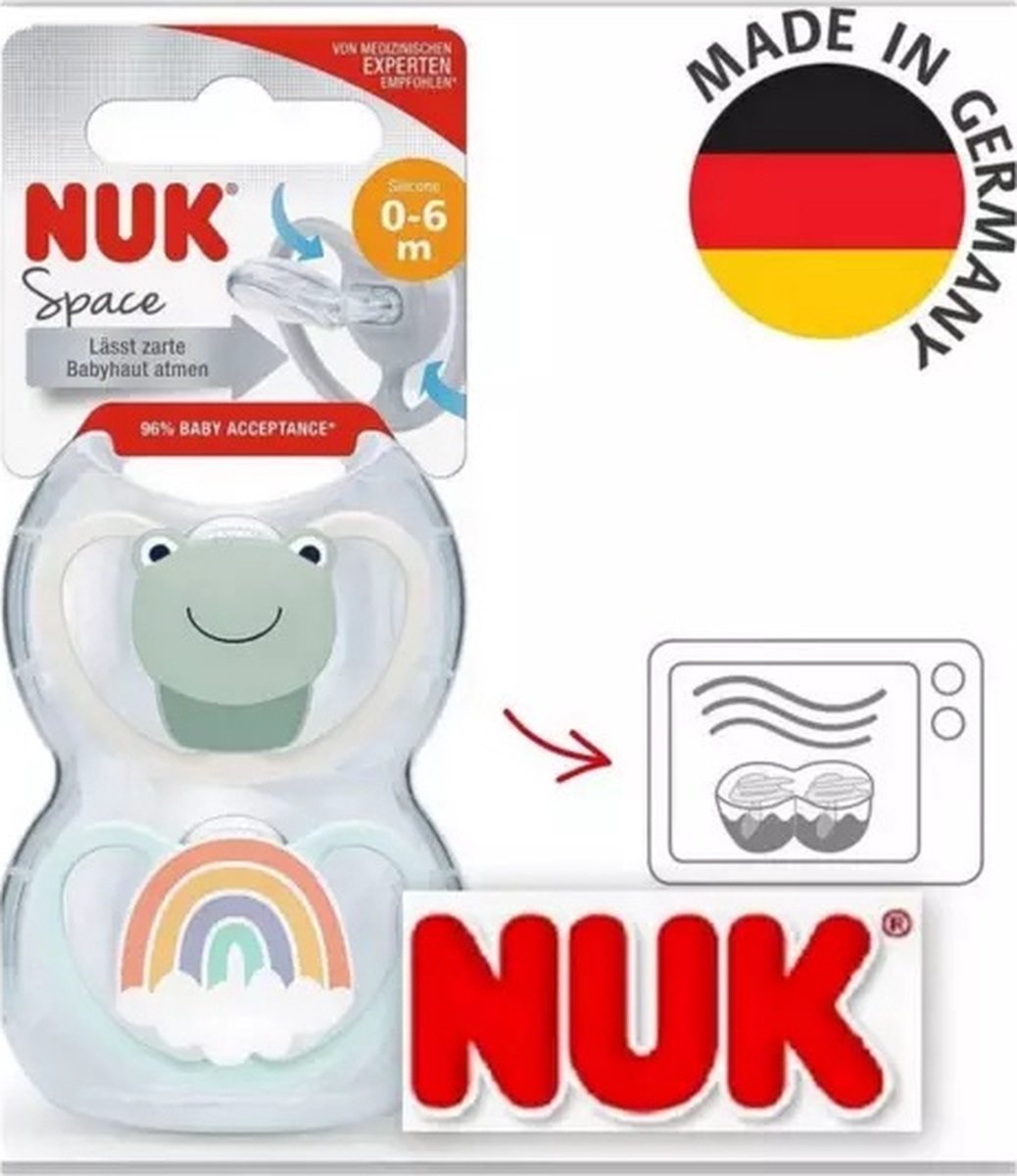 Goedkoopste NUK | Space fopspeen | 0-6 maanden | kikker en regenboog | 2 stuks | 0-6 maanden