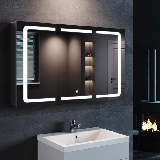 Aovquof Spiegelkast met verlichting, 80 x 70 cm, spiegelkast voor badkamer met opbergruimte, badkamerspiegelkast met instelbare dimbare ledlampen met demist-functie, afgerond crèmekleur