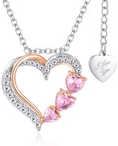 Malinsi® Ketting Dames Dubbel Hart Diamant - Zilverkleurig Rose Gold Plated RVS - Kettingen met hanger - Cadeau vrouw