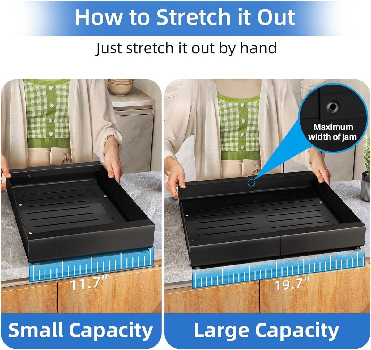 Kitstorack Uittrekbare kastorganizer, uitschuifbare lade-opslagplanken voor keukenkast met plakfolie, uitschuifbare lade-organizer, (30-50 cm B x 43 cm D x 5,8 cm H