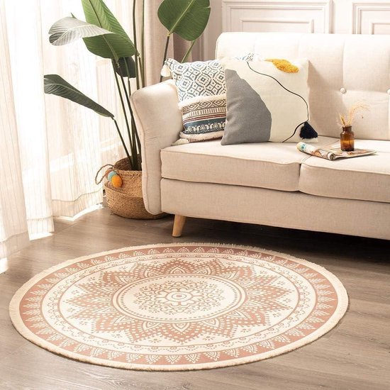 Tapis Plein air - Tapis rond Boho 120 cm - Tapis en coton avec pompon - Tapis tissé à la main lavable en machine - Tapis de salon, chambre à coucher, Jardin