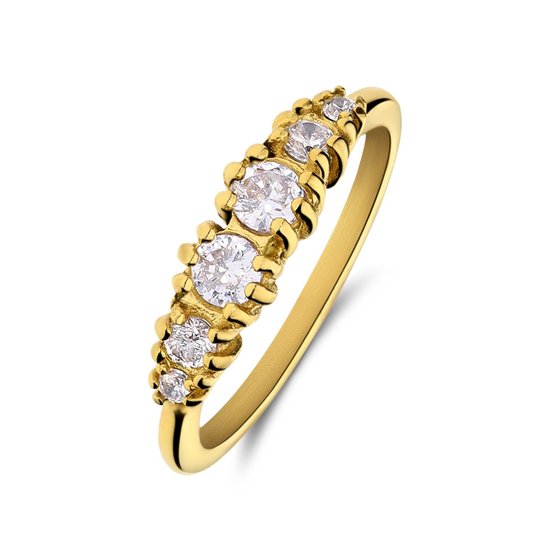 Lucardi Dames Stalen goldplated vintage ring met witte zirkonia - Ring - Staal - Goud - 17 / 53 mm