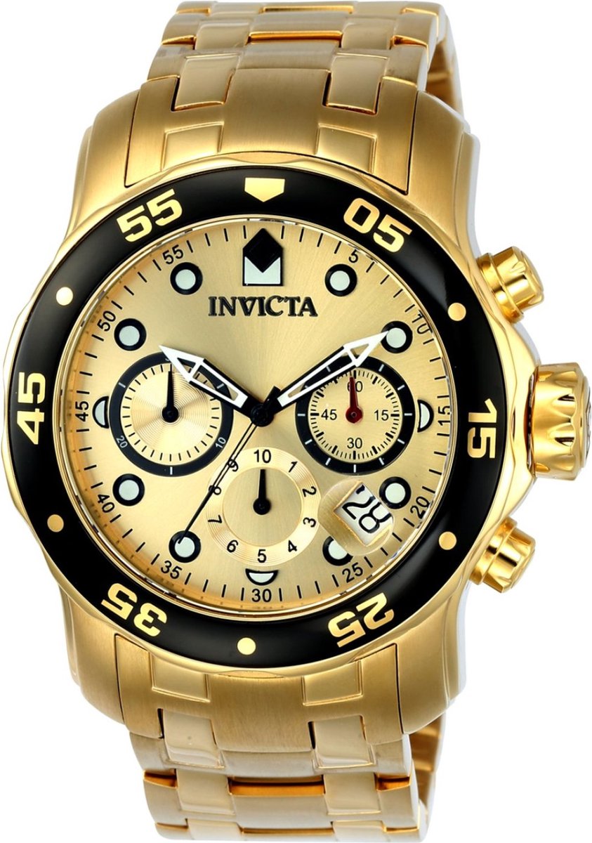 Invicta Pro Diver ILE0072A Heren Horloge - Waterdicht - Analoog - Quartz Uurwerk - Roestvrij Staal met gouden Wijzerplaat -48