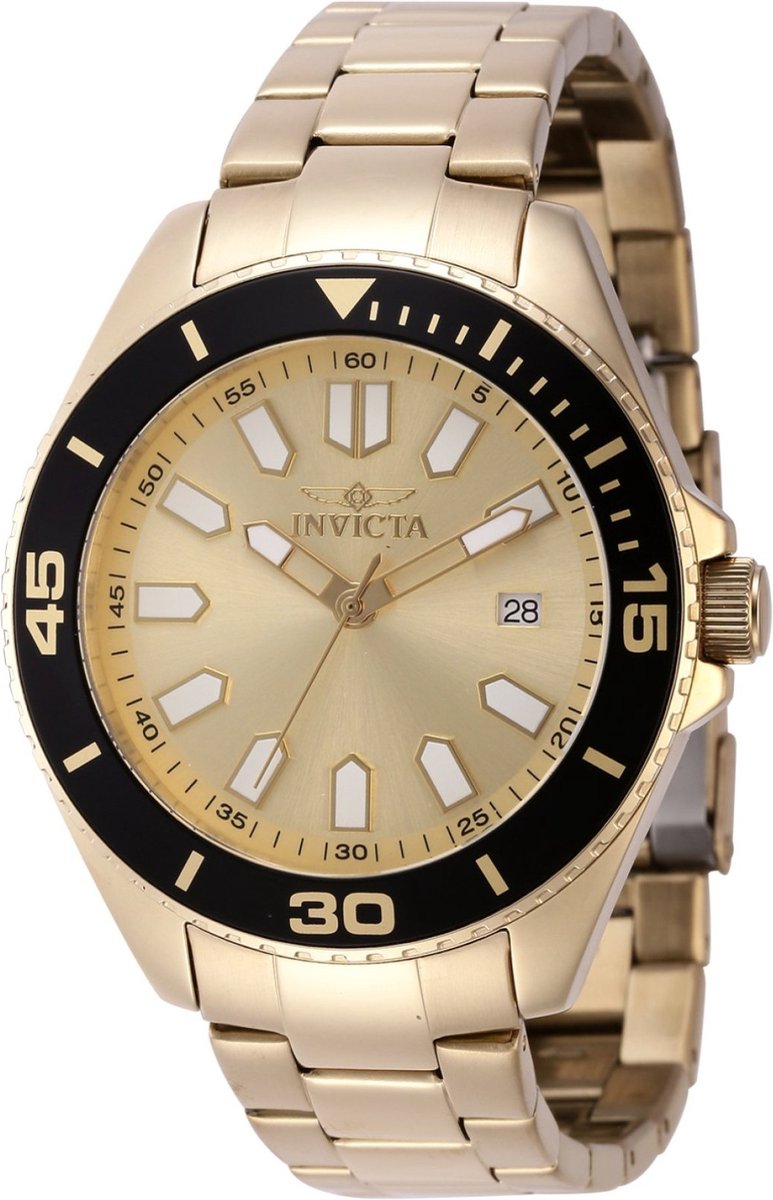 Invicta Pro Diver 46317 Heren Horloge - Waterdicht - Analoog - Quartz Uurwerk - Roestvrij Staal met gouden Wijzerplaat - 43mm