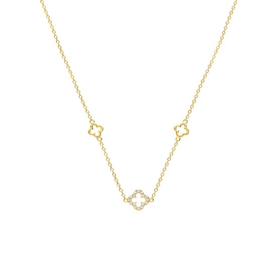 Lucardi Dames Zilveren goldplated ketting klaver zirkonia - Ketting - 925 Zilver - Goudkleurig - 48 cm