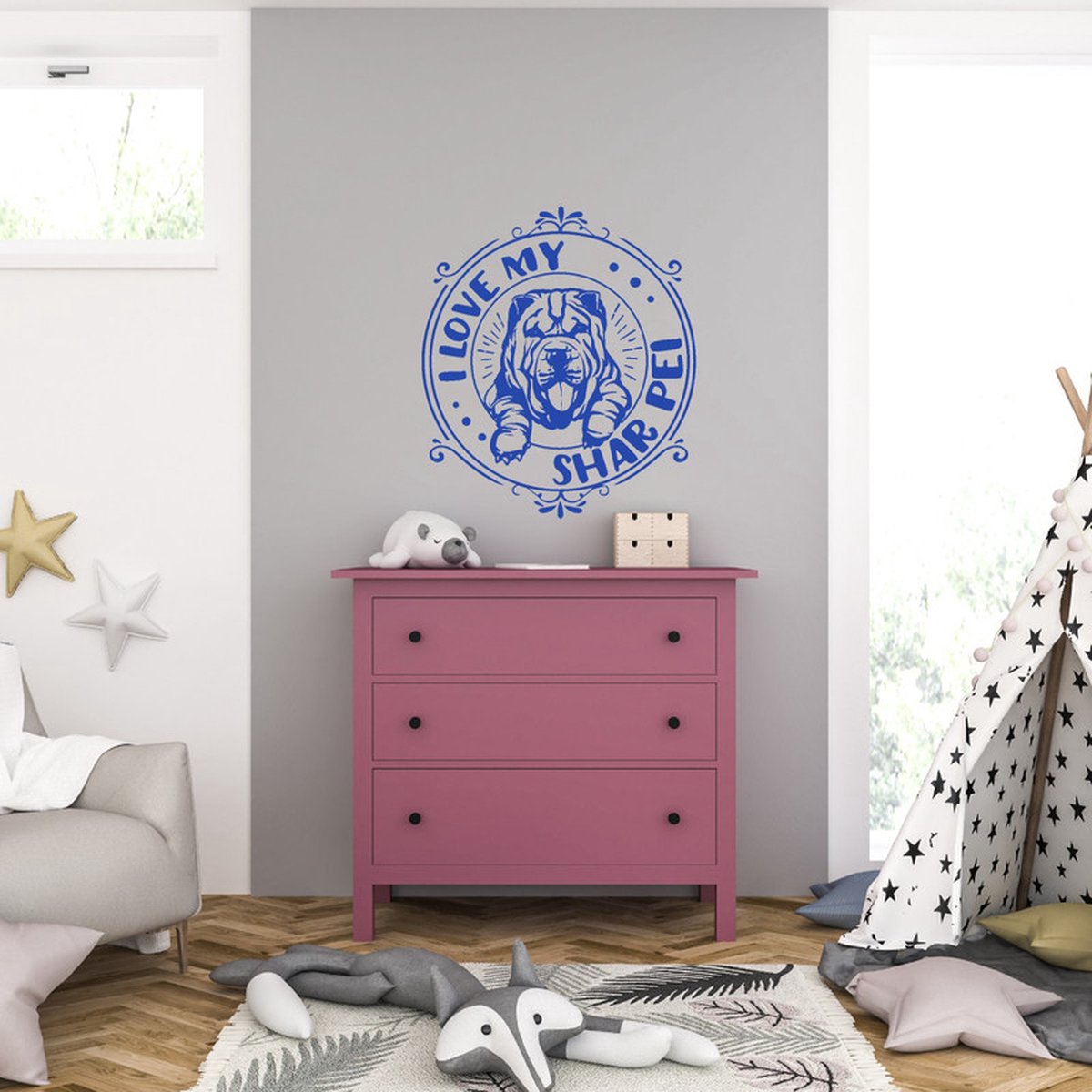 MC Living Muursticker - I Love My Shar Pei - 58 x 66 - Blauw