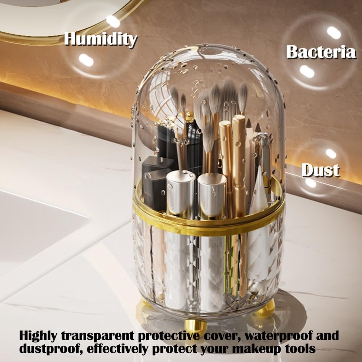 Make-upborstelhouder 360° draaibare make-upborstelhouder met deksel Make-up organizer Opslag voor badkamer Slaapkamer Aanrecht Kantoor voor lippenstiftborstel Eyeliner (groen)