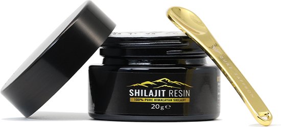 Zwarte pot Shilajit Resin 20g met dop ernaast. Gouden lepel met tekst QURE SAFFRON ligt tegen de pot.