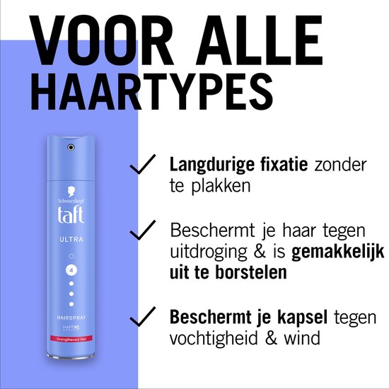 Blauwe bus Taft Ultra haarspray naast tekst over langdurige fixatie.