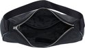 Open zwarte DKNY schoudertas, met zilverkleurige rits en logo op voering.