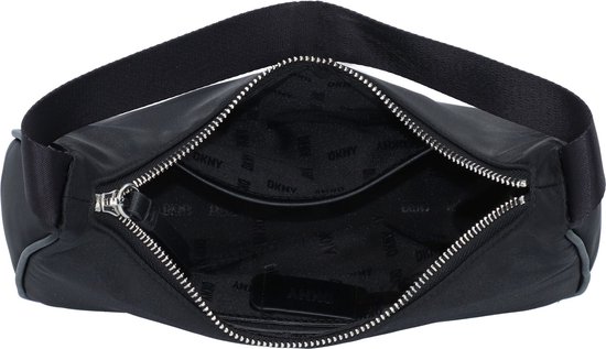 Open zwarte DKNY schoudertas, met zilverkleurige rits en logo op voering.