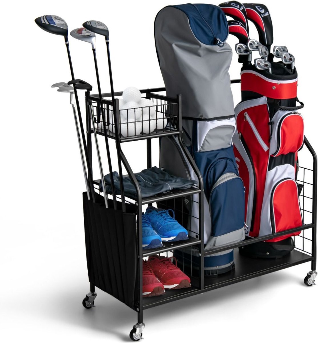 Trendmix Golftas opslagrek Metaal Zwart 95 cm x 40 cm x 94 cm - Garage Organizer Dubbele Golftas Standaard - 4 Universele Wielen Met Rem