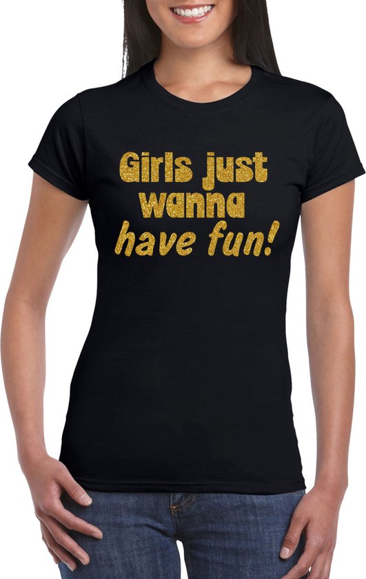 Bellatio Decorations Vrijgezellenfeest t-shirt dames - Girls Fun - zwart - gouden glitter -foute party M