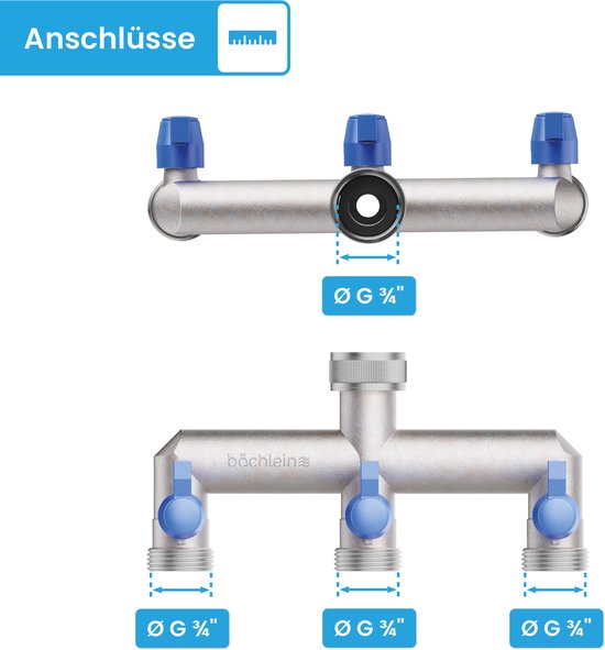 Verdeler met drie G 3/4" aansluitingen, elke met een blauwe kraan. Twee weergaven: boven en onder.
