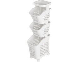 iBright Wassorteerder – Smalle Wasmand met 3 vakken - Op wieltjes - Staande wasbox - 3 Lagen - Wit